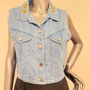 Carriage Court Vintage Denim Western Vest with Embroidered Boho Sunflowers Cotto